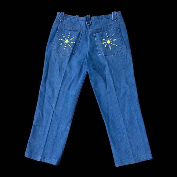 Vintage Handmade Blue Jeans Unisex 1970s Embroidered Sun Pockets TJ Denim Retro - Picture 3 of 6